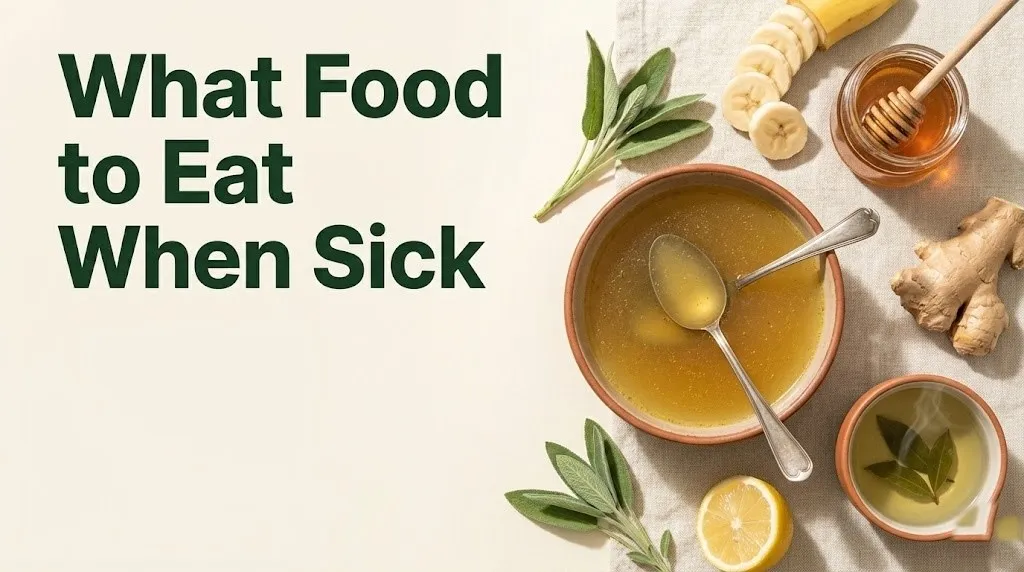 Flat-lay of best food to eat when sick including chicken broth, honey, banana, ginger, and green tea on white linen