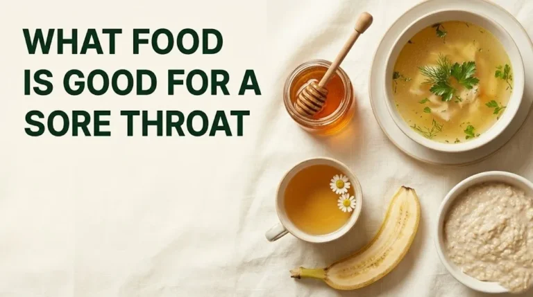 Flat-lay of best foods for a sore throat including chicken soup, honey, oatmeal, banana, and chamomile tea on cream background.