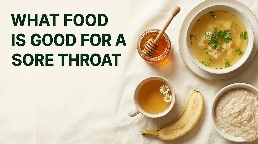 Flat-lay of best foods for a sore throat including chicken soup, honey, oatmeal, banana, and chamomile tea on cream background.