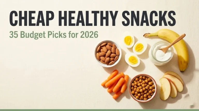 Flat-lay of cheap healthy snacks including almonds, eggs, Greek yogurt, carrots, and chickpeas on a cream background