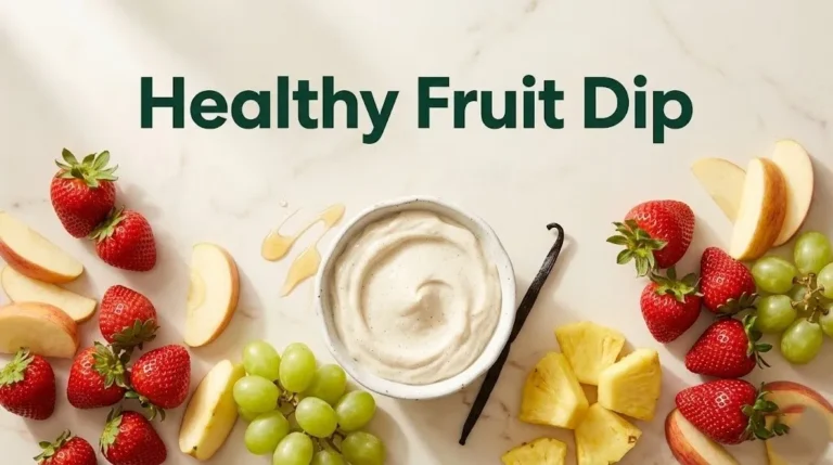 Flat-lay of creamy fruit dip in a bowl surrounded by fresh strawberries, apples, and grapes with the headline Healthy Fruit Dip in bold green type.