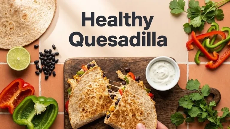 Flat-lay of crispy whole-wheat chicken quesadilla halves with black beans, peppers, and Greek yogurt sauce with the headline Healthy Quesadilla in charcoal type.