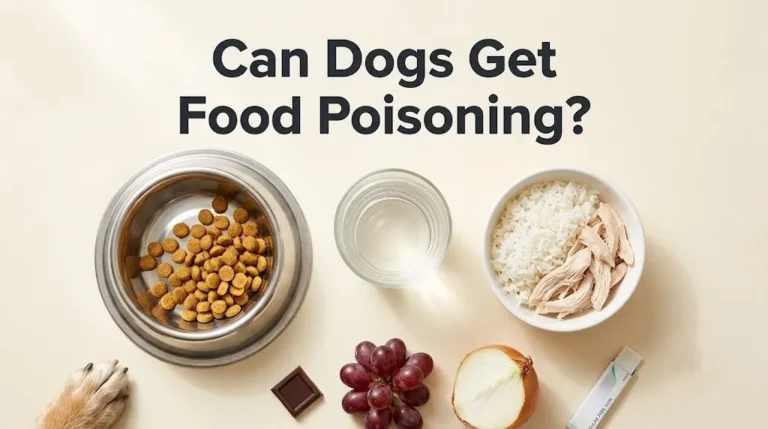 Flat-lay of dog food bowl, bland diet, and toxic foods like chocolate and grapes, with the headline Can Dogs Get Food Poisoning as text overlay.