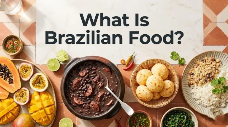 Flat-lay of feijoada, pao de queijo, rice, and tropical fruits with the headline What Is Brazilian Food in bold charcoal type.