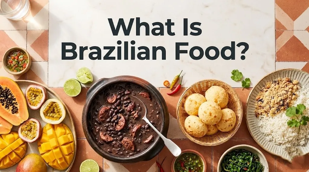 Flat-lay of feijoada, pao de queijo, rice, and tropical fruits with the headline What Is Brazilian Food in bold charcoal type.