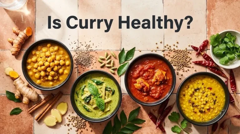 Flat-lay of four types of curry in bowls surrounded by whole turmeric, ginger, and spices with the headline Is Curry Healthy in charcoal type.