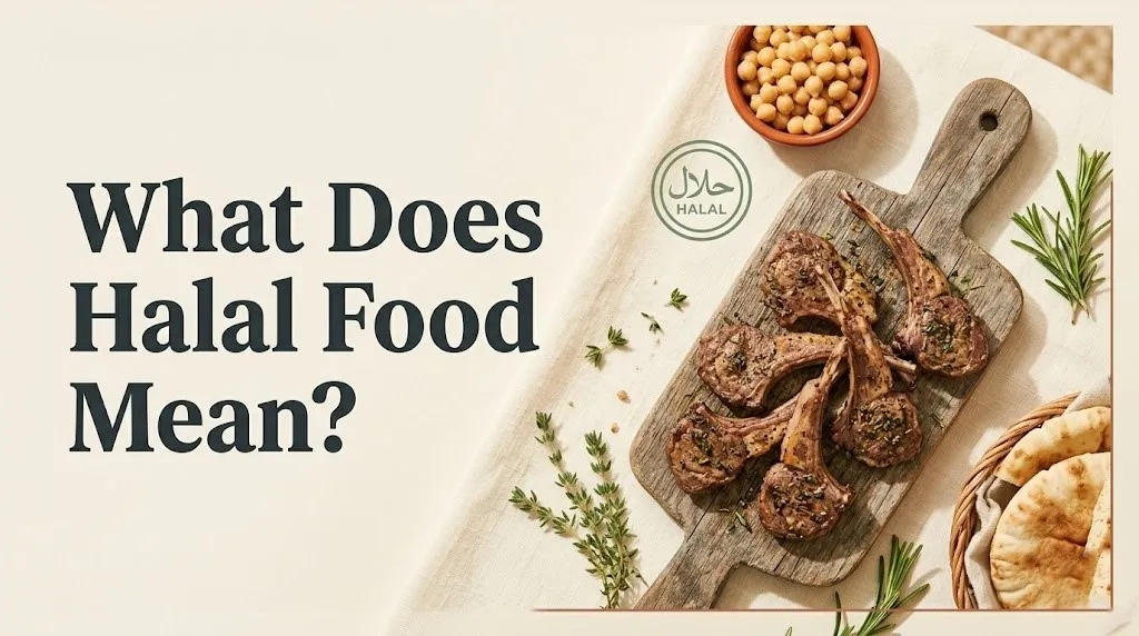 Flat-lay of halal foods including lamb, chickpeas, and pita with bold text overlay reading what does halal food mean
