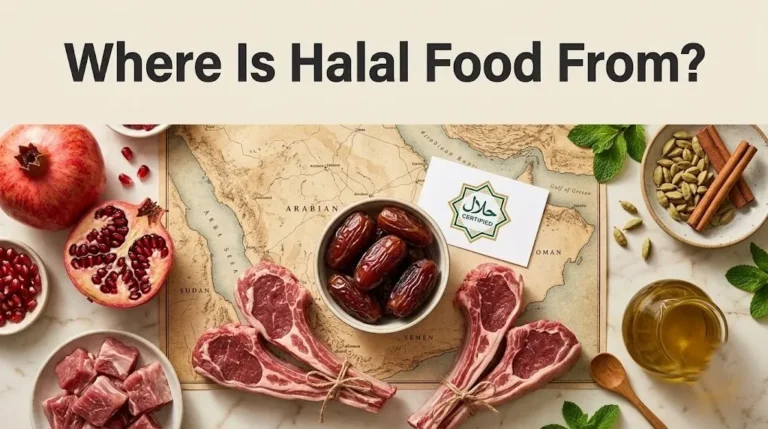 Flat-lay of halal lamb, dates, spices, and a halal certification card with the headline Where Is Halal Food From as text overlay.