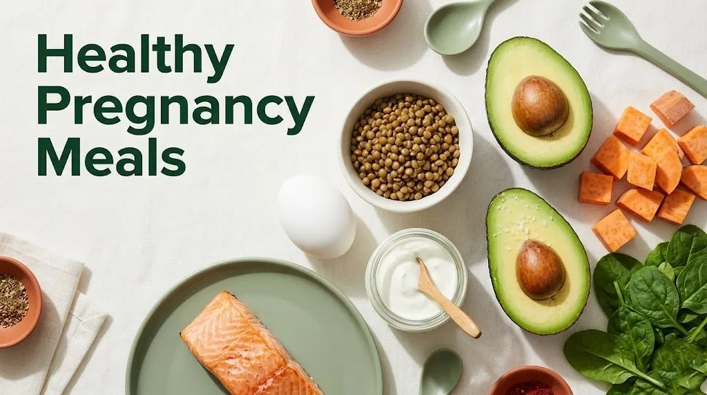 Flat-lay of healthy pregnancy meals ingredients including salmon, lentils, eggs, spinach, avocado, and sweet potato