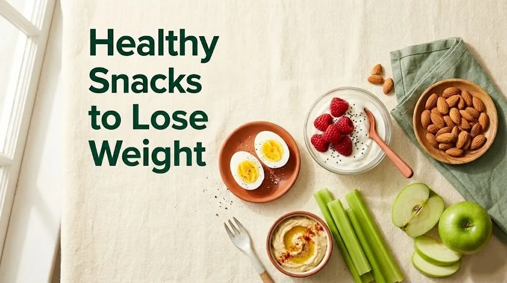 Flat-lay of healthy snacks to lose weight including Greek yogurt, almonds, eggs, hummus, and apple slices on a cream surface.