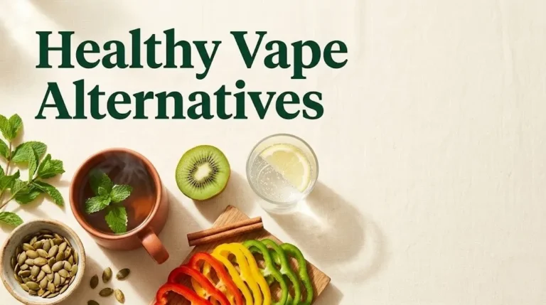 Flat-lay of healthy vape alternatives including peppermint tea, pumpkin seeds, cinnamon stick, and kiwi on a cream background