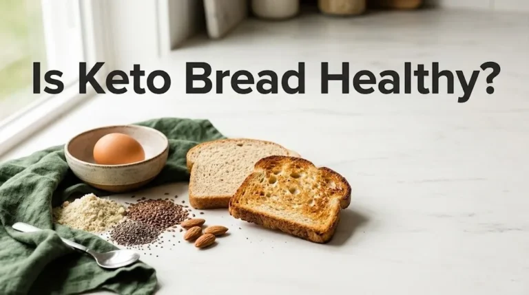 Flat-lay of keto bread slices with almond flour and flaxseeds, with the headline text Is Keto Bread Healthy overlaid in bold type.