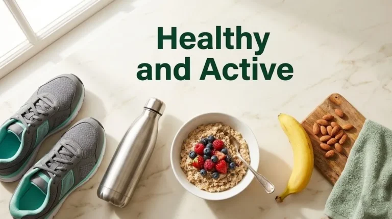 Flat-lay of running shoes, oatmeal with berries, water bottle, and banana with the headline Healthy and Active in forest green type.