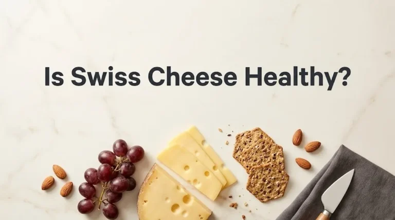 Flat-lay of sliced Swiss cheese with grapes and crackers, with the headline Is Swiss Cheese Healthy in bold charcoal type.