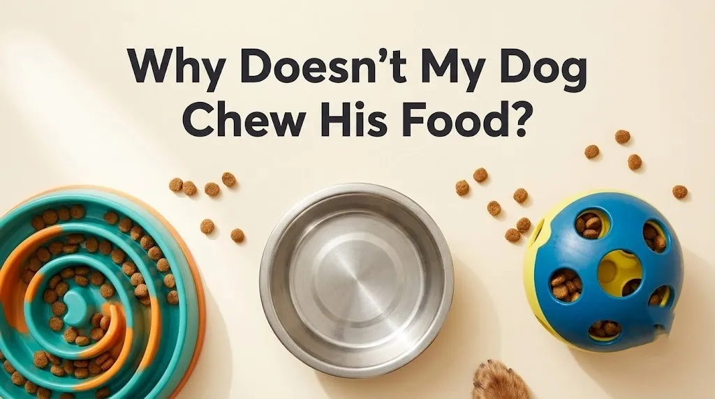 Flat-lay of slow-feeder bowl and standard dog bowl with kibble, with the headline Why Doesn't My Dog Chew His Food as text overlay.