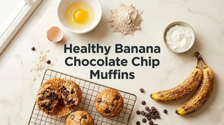 Flat-lay of whole-wheat banana muffins with bananas, yogurt, and chocolate chips with the headline Healthy Banana Chocolate Chip Muffins in charcoal type.