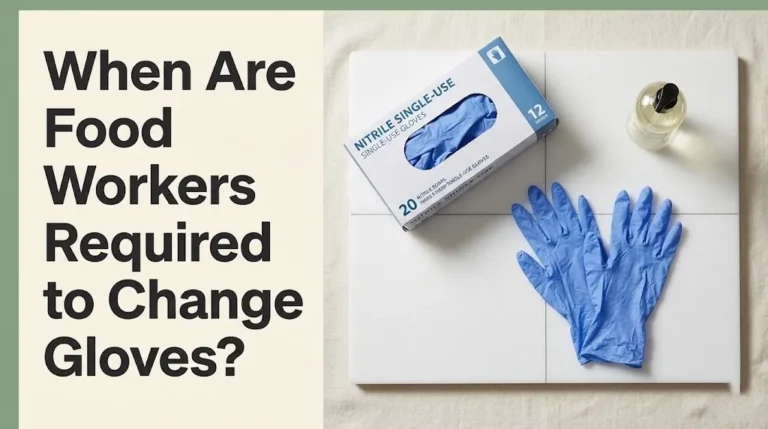 Food safety banner showing gloves and handwashing supplies with text When Are Food Workers Required to Change Gloves