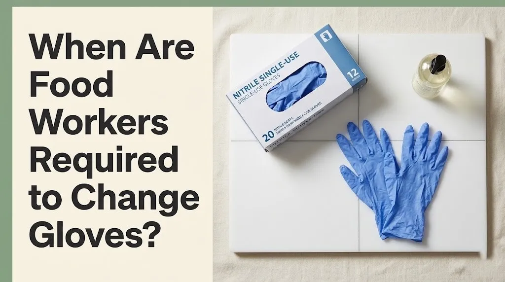 Food safety banner showing gloves and handwashing supplies with text When Are Food Workers Required to Change Gloves