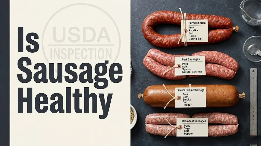 Fresh and cured sausages displayed with ingredient labels visible, asking is sausage healthy for 2026.