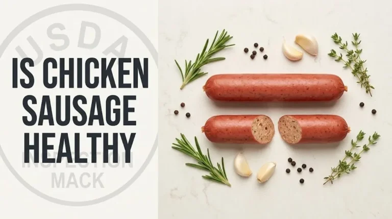 Fresh chicken sausage links with herbs and spices, USDA inspection mark watermark, asking is chicken sausage healthy for 2026.