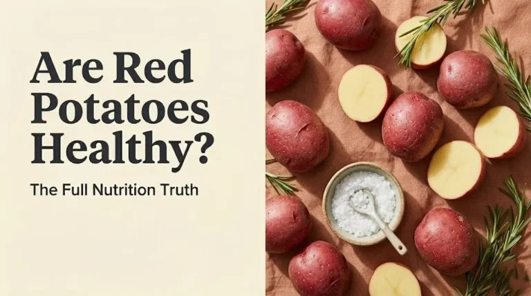 Fresh red potatoes whole and halved on linen with rosemary, headline reads Are Red Potatoes Healthy on cream background.