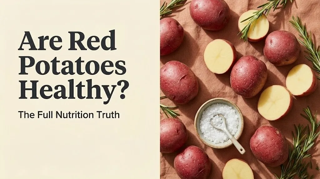 Fresh red potatoes whole and halved on linen with rosemary, headline reads Are Red Potatoes Healthy on cream background.