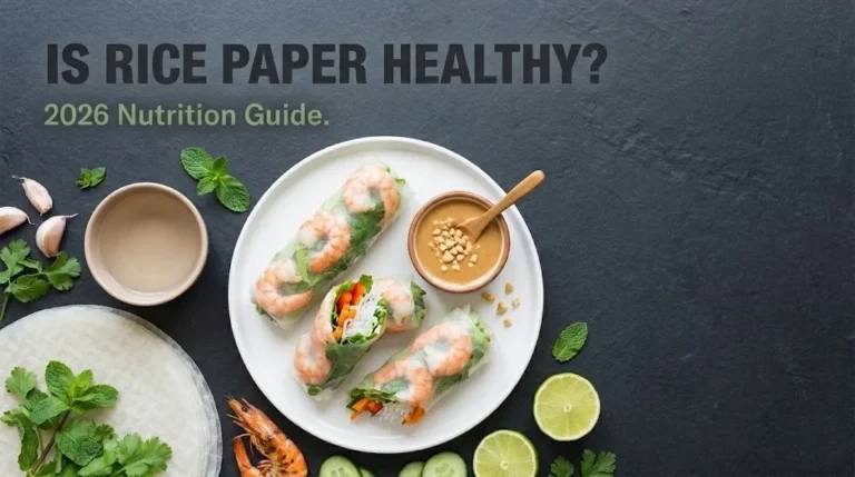 Fresh rice paper rolls with shrimp, herbs, and vegetables cut in half with peanut dipping sauce. Headline reads Is Rice Paper Healthy