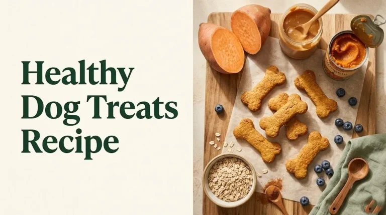 Freshly baked healthy dog treats recipe on parchment with pumpkin, sweet potato, oats, and peanut butter ingredients flat-lay.