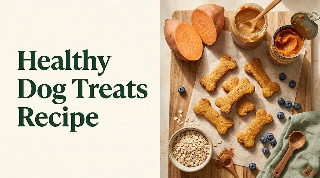Freshly baked healthy dog treats recipe on parchment with pumpkin, sweet potato, oats, and peanut butter ingredients flat-lay.
