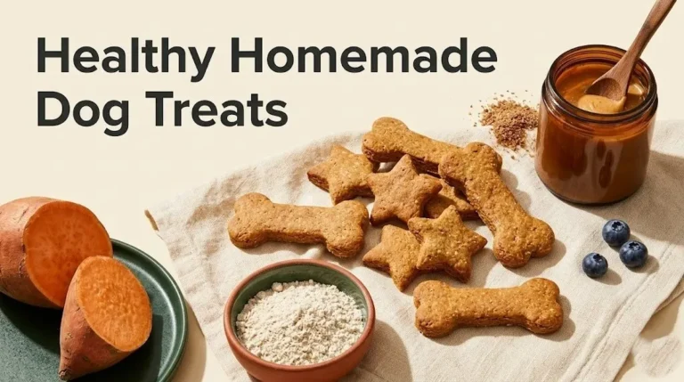 Freshly baked healthy homemade dog treats with sweet potato and oat flour ingredients on cream linen background.