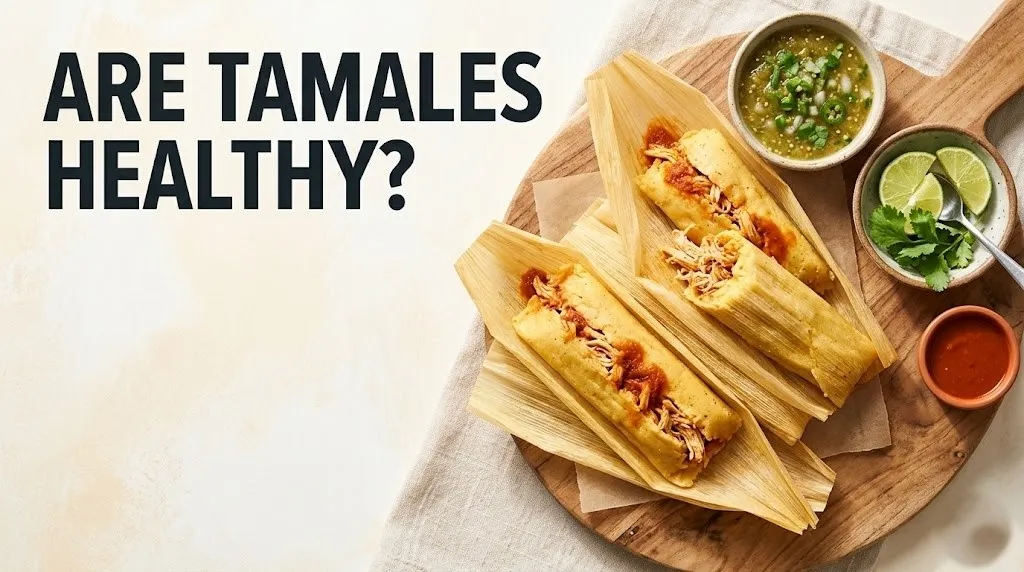 Freshly steamed tamales with chicken filling on a wooden board with text overlay Are Tamales Healthy