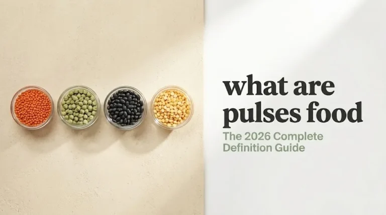 Glass bowls of red lentils, chickpeas, black beans, and split peas on a cream surface with the text what are pulses food.