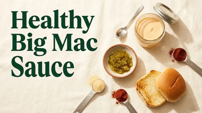 Glass jar of healthy big mac sauce with Greek yogurt, pickle relish, and spices on a cream linen surface.
