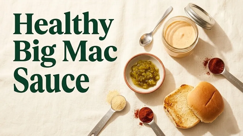 Glass jar of healthy big mac sauce with Greek yogurt, pickle relish, and spices on a cream linen surface.