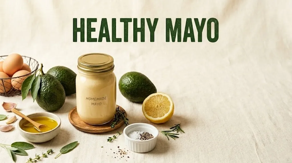 Glass jar of healthy mayo with avocados and lemon on cream background, headline text reading Healthy Mayo