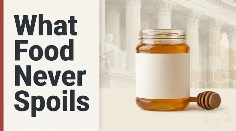 Glass jar of honey labeled to show what food never spoils, with FDA regulatory document texture in the background.
