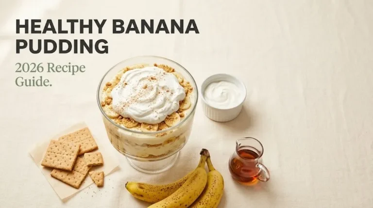 Glass trifle dish of layered healthy banana pudding with bananas, Greek yogurt, and graham crackers. Headline reads Healthy Banana Pudding.