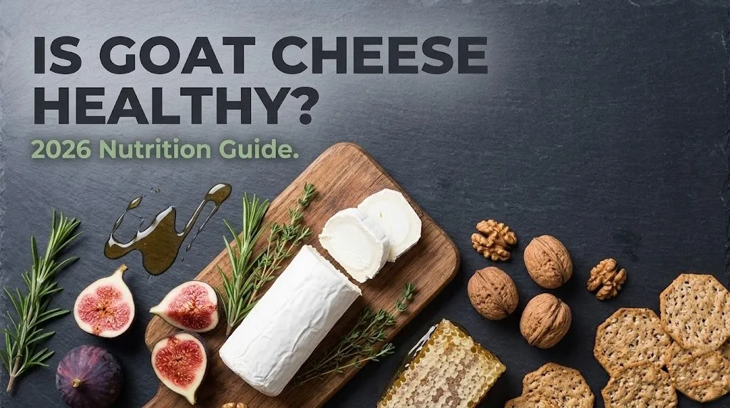 Goat cheese log with sliced figs, walnuts, honey, rosemary, and crackers on dark slate. Headline reads Is Goat Cheese Healthy