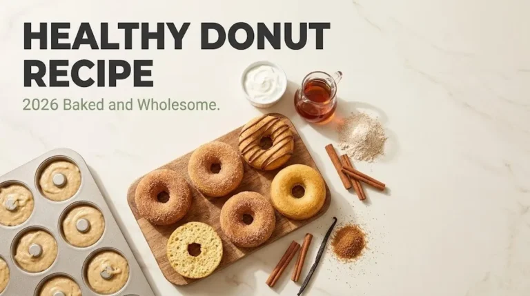 Golden baked donuts with cinnamon sugar and chocolate drizzle, donut pan, Greek yogurt, and maple syrup. Headline reads Healthy Donut Recipe.