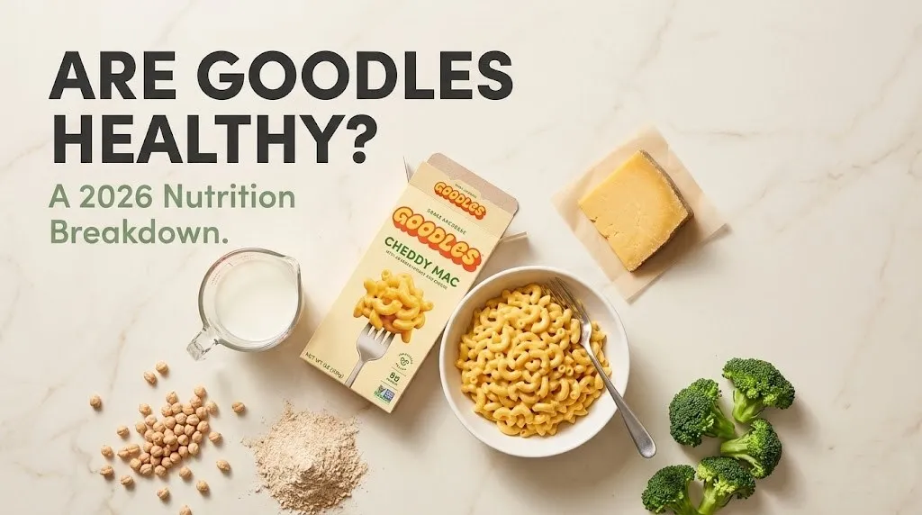 Goodles mac and cheese box and bowl with chickpeas, broccoli, and cheddar on marble. Headline reads Are Goodles Healthy
