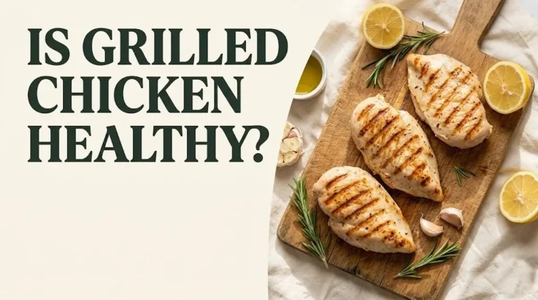 Grilled chicken breasts with grill marks on a wooden board with lemon and herbs, is grilled chicken healthy