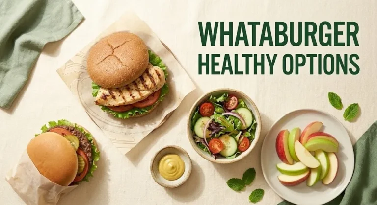 Grilled chicken sandwich and apple slices with text Whataburger healthy options on a cream background.