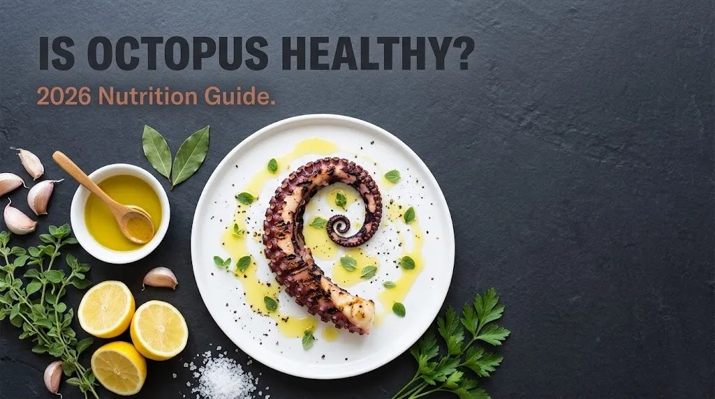Grilled octopus tentacle with olive oil, lemon, garlic, and fresh herbs on dark slate. Headline reads Is Octopus Healthy