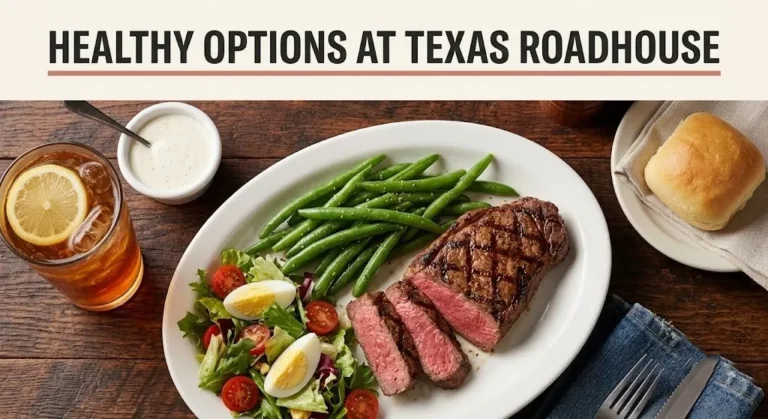 Grilled sirloin steak with green beans and house salad on a dark wood table. Text reads Healthy Options at Texas Roadhouse.