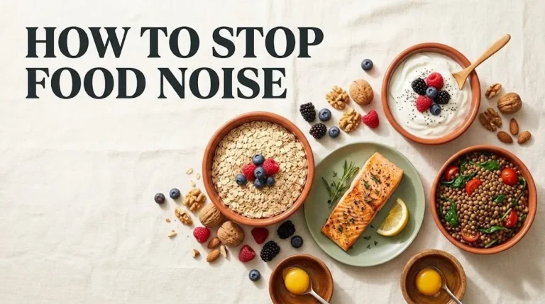 Guide to how to stop food noise shown with high-protein foods including oats, lentils, salmon, and yogurt on a neutral background.