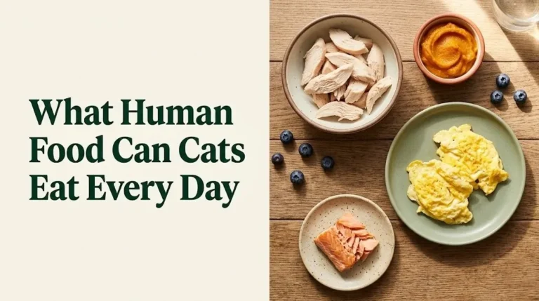 Guide to what human food cats can eat every day, featuring chicken, eggs, pumpkin, and salmon on a flat-lay