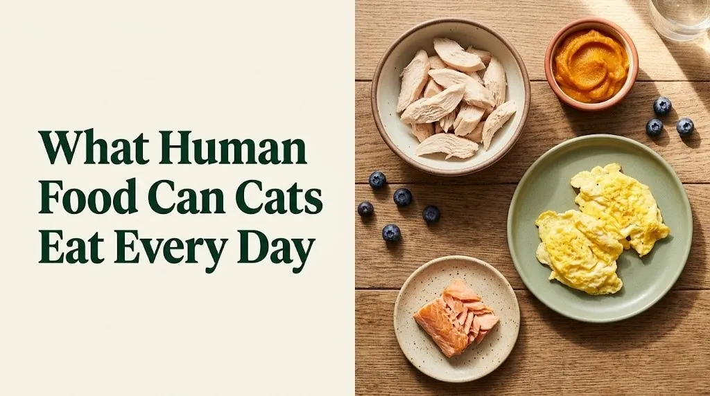 Guide to what human food cats can eat every day, featuring chicken, eggs, pumpkin, and salmon on a flat-lay
