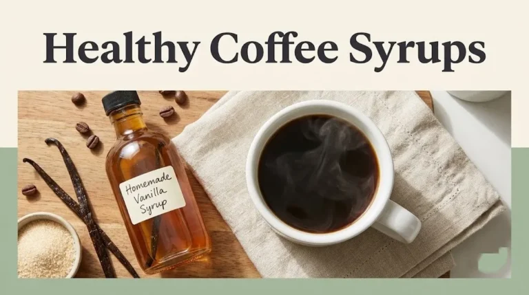 Healthy Coffee Syrups banner with a coffee mug, homemade vanilla syrup bottle and allulose sweetener on a wooden surface.
