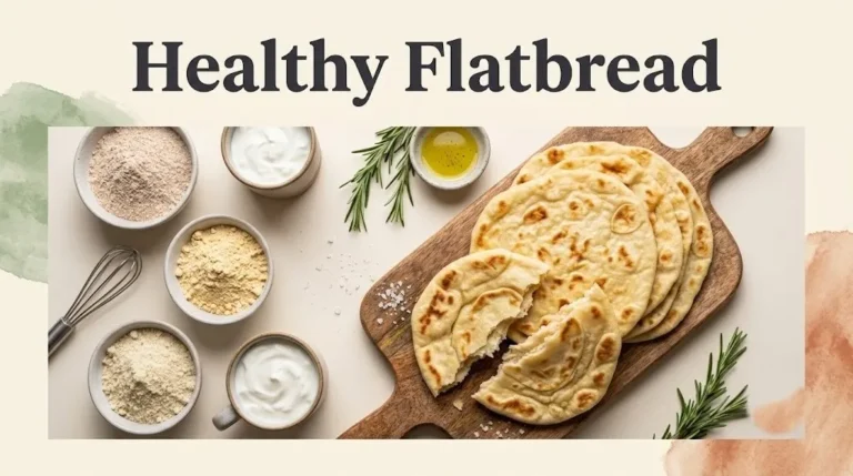 Healthy Flatbread banner with a stack of golden flatbreads, bowls of whole wheat and chickpea flour, and Greek yogurt.