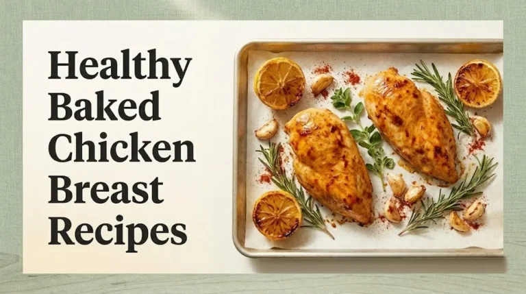 Healthy baked chicken breast recipes on a sheet pan with roasted lemon, rosemary, garlic, and smoked paprika seasoning